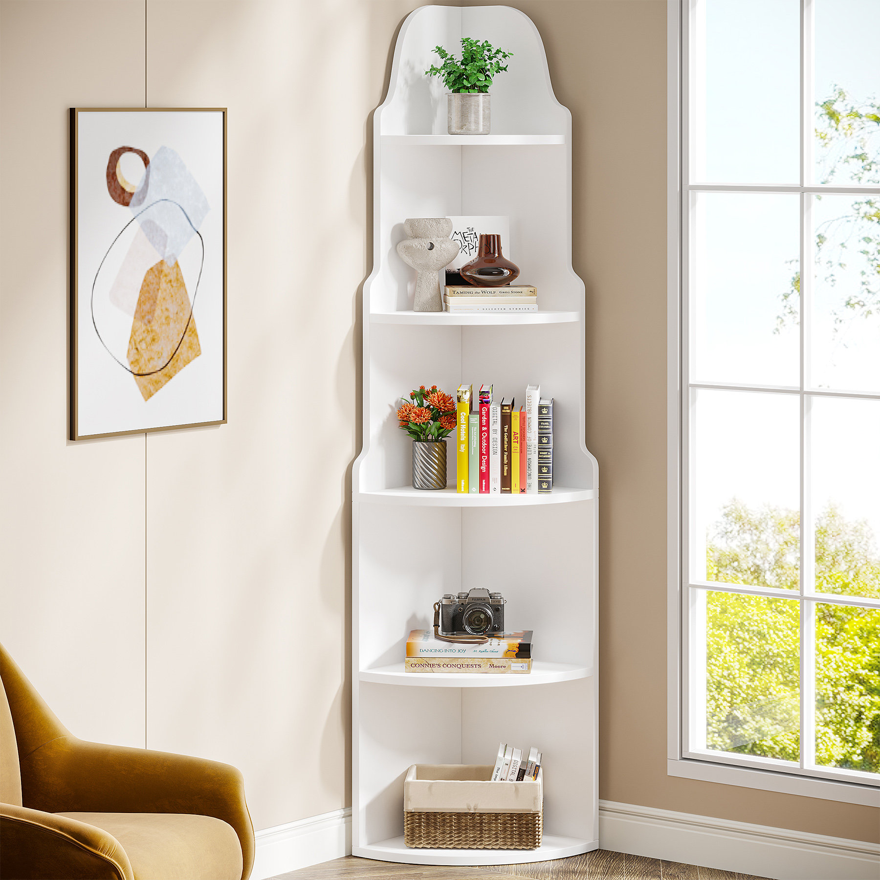 Winston Porter Ryver 5 Tier Corner Bookcase 68.9 H x 13.8 W Modern White Corner Shelves Wayfair